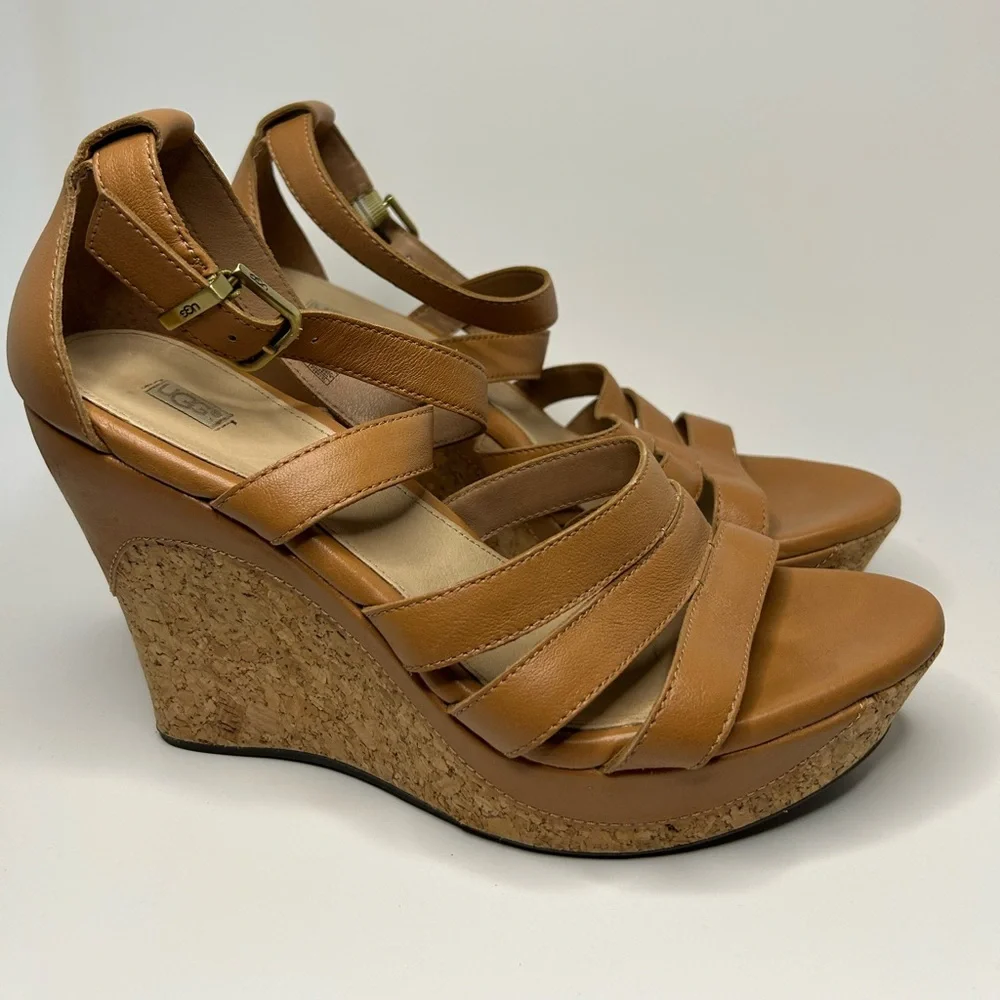 UGG Tan Cork Bottom Boho Chic Platform Open Toe Wedge Size 10